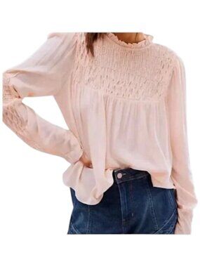 FREE PEOPLE Smocked in Time Pink Rose Ruffle Neck smocked‎ Blouse Top XS